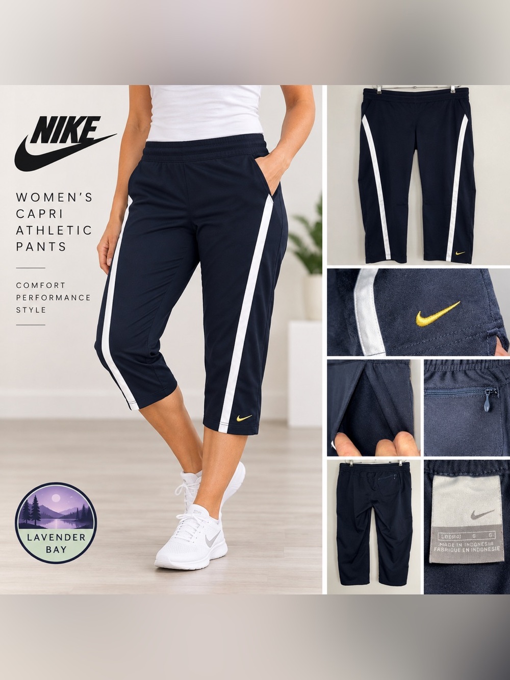 Nike Women’s Capri Track Pants Large Navy White Stripe Gold Swoosh Athletic
